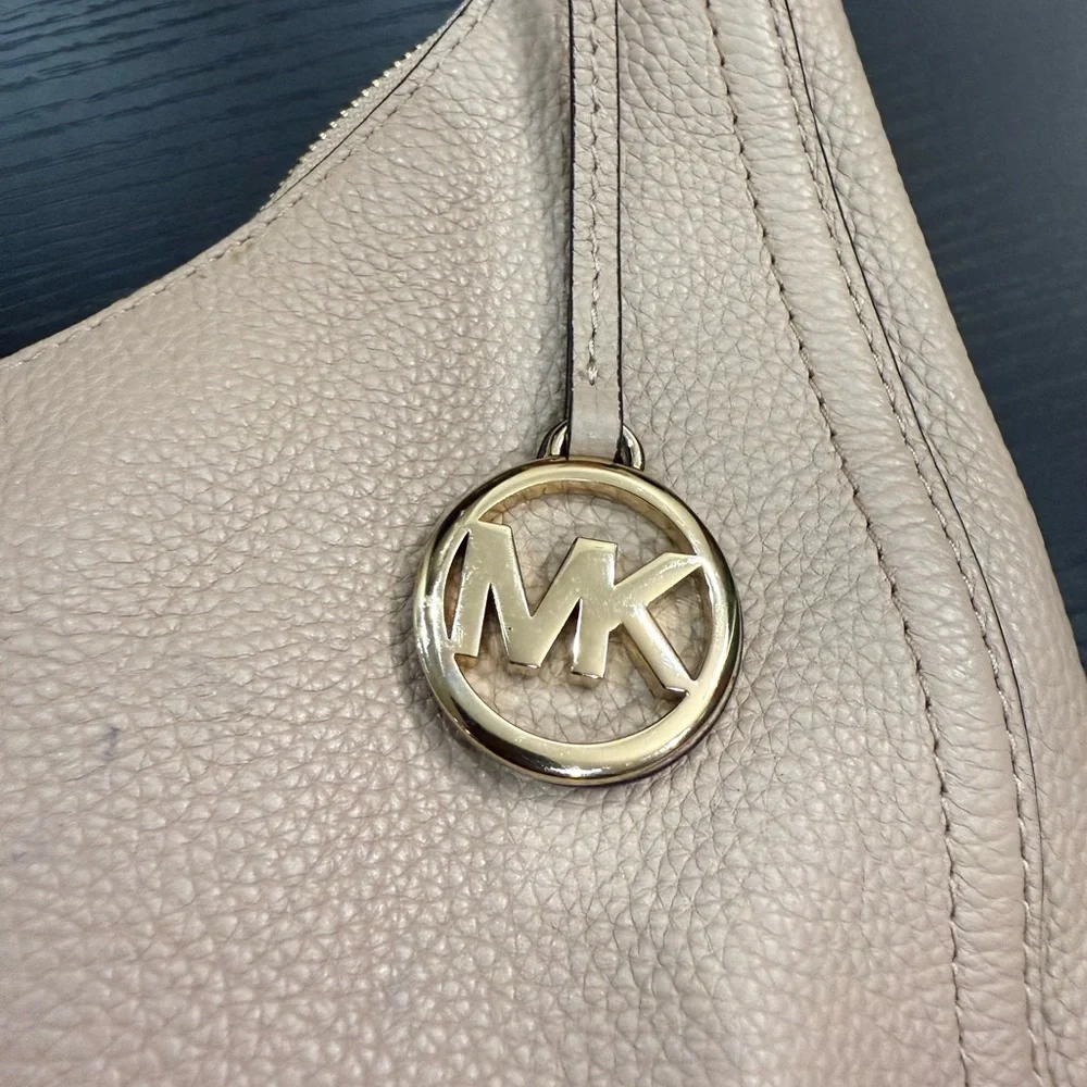 Michael Kors Lydia Pebbled Leather Chain Shoulder Hobo Bag Blush Beige